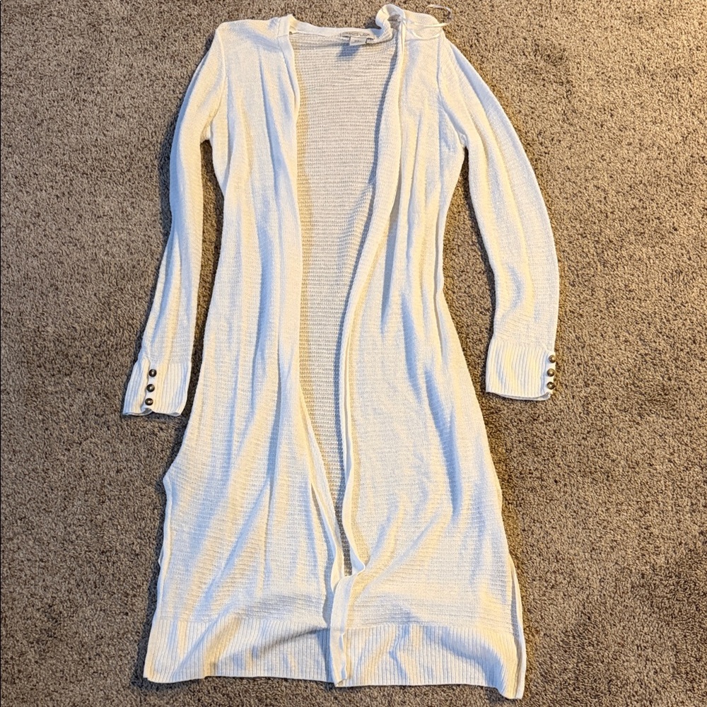 White Linen Blend Long Cardigan with Button Cuffs size medium